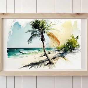 Watercolor Palm Tree Print, Beach Landscape, Printable Wall Art, Vibrant, Nature Watercolor Painting, Instant Digital Download Print.