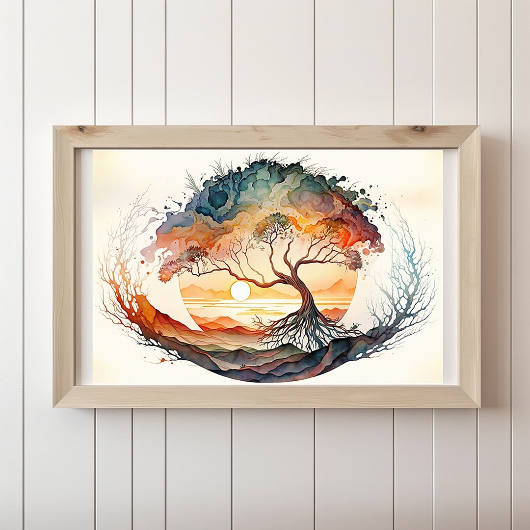 Wisdomtree Watercolor Watercolor Mystical Tree, Sunset Landscape, Printable Wall Art, Vibrant ...