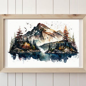 Watercolor Mountain Lake Landscape, Printable Wall Art, Vibrant, Mountain Watercolor Painting, Nature Decor, Instant Digital Download Print