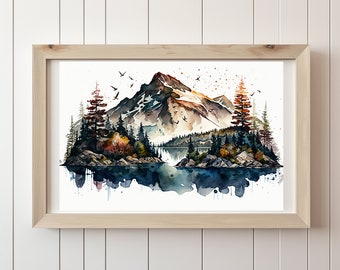 Watercolor Mountain Lake Landscape, Printable Wall Art, Vibrant, Mountain Watercolor Painting, Nature Decor, Instant Digital Download Print