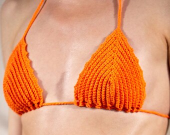 Top de bikini de ganchillo, 100% algodón hecho a mano, cuerda de algodón real, naranja, naranja caliente, naranja cálido, top de bikini, bikini hecho a mano,