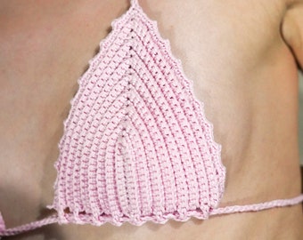 Häkeln Bikini Oberteil, 100% Baumwolle handgemacht, echtes Baumwollgarn puder rosa, zart rosa, Bikini-Oberteil, handgemachtes Bikini-Oberteil, Häkelfarbe-Bikini-Oberteil