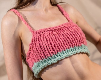 Shop new spring, pink, green, Colossal knit bralette, wool, merino, bustier, top, pink green