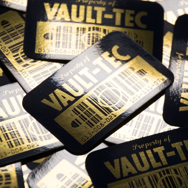 Autocollant code-barres en feuille d'or avec étiquette de ressource Fallout Vault-Tec pour identification, cosplay, personnalisation !
