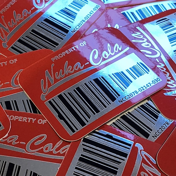 Fallout Nuka-Cola Asset Tag Sticker, silver mirror barcoded Decal for ID, cosplay, & personalization