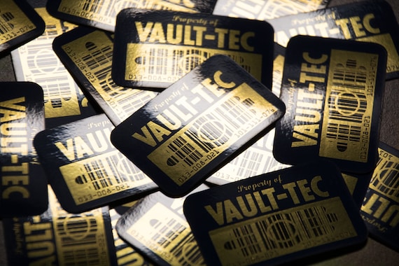 Fallout Vault-Tec Asset Tag gold foil Barcode Sticker for Identification, Cosplay, Personalization!