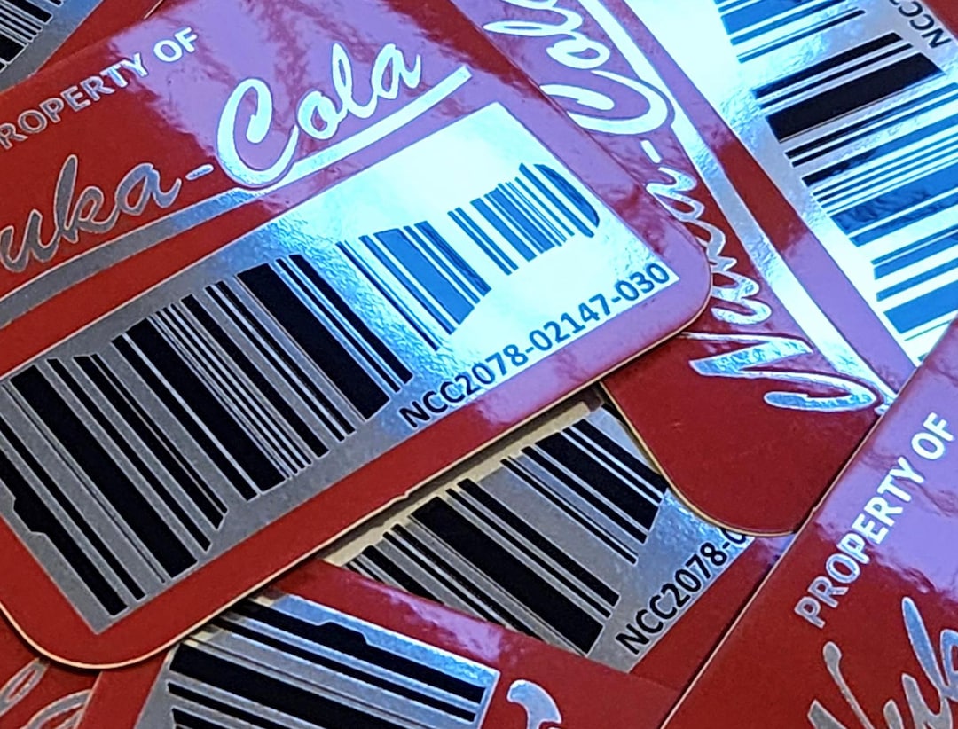 Fallout Cola Asset Tag Sticker, Silver Mirror Barcoded Decal for ID ...