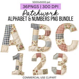 Op de afbeelding: Patchwork alfabet en cijfers PNG-bundel. De letters A, B en C en de cijfers 1, 2 en 3 zijn afgebeeld. Elke letter en elk cijfer is gemaakt van stoffen patches in bloemen-, ruit- en effen patronen. De tekst "Patchwork ALPHABET & NUMBERS PNG BUNDLE" is zichtbaar.