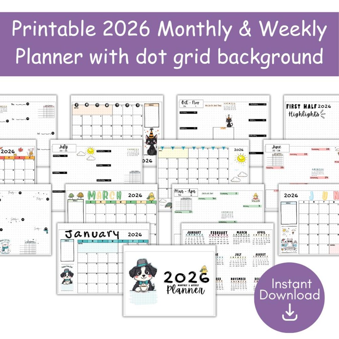 2026 Printable Dated Monthly and Weekly Planner With Dot Grid Bullet ...