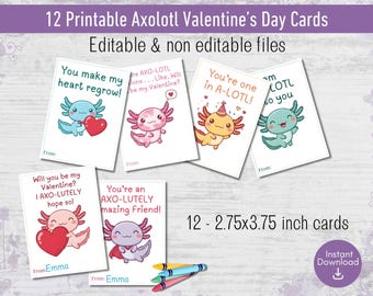 Printable and Editable Axolotl Valentine's Day Cards for kids, Kids classroom valentines, cute Axolotl Valentine Instant Download