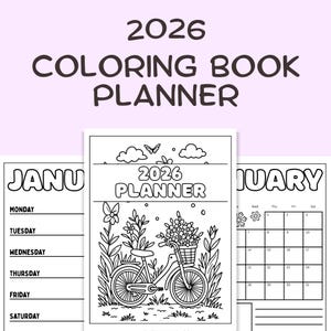 Puede incluir: Un planificador de libro para colorear de 2026 con un diseño de bicicleta floral en la portada. El planificador incluye calendarios mensuales y diseños semanales para colorear. El texto de la portada dice "2026 Coloring Book Planner."