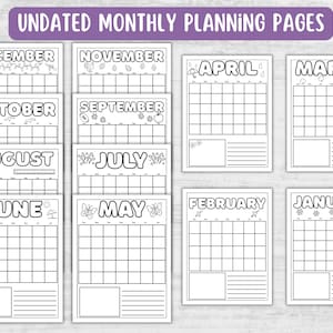 May include: A collection of undated monthly planning pages. Each page features a calendar grid with space for notes, and is labeled with a month from January to December. The pages are black and white, with decorative seasonal illustrations.