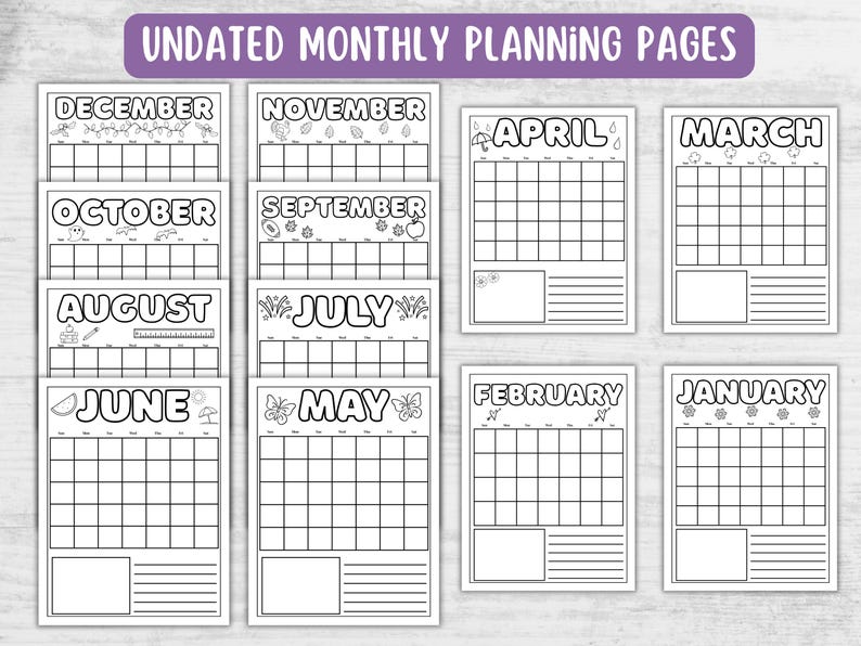 May include: A collection of undated monthly planning pages. Each page features a calendar grid with space for notes, and is labeled with a month from January to December. The pages are black and white, with decorative seasonal illustrations.