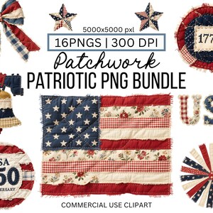 Puede incluir: Una colección de diseños de patchwork patrióticos en rojo, blanco y azul. Incluye un lazo, estrellas, una campana, una bandera, la palabra "USA" y diseños circulares. El texto incluye "1776", "USA 250 Anniversary" y "Commercial Use Clipart".