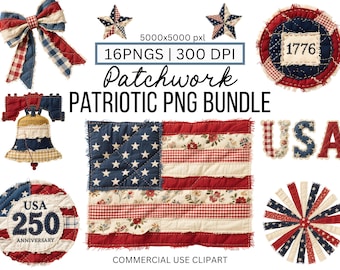 Rag Quilt Patriotic Clipart Bundle, America 250 Anniversary Patchwork PNG, Patriotic Coquette Bow Graphics, Farmhouse Patriotic Elements