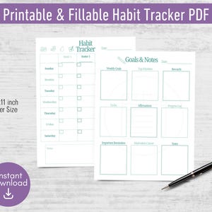 Planilha imprimível para controle de hábitos, metas e anotações. PDF imprimível e preenchível, com opções pré-etiquetadas e em branco. Planejador de metas com espaço para anotações.
