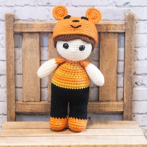 Crochet boy Halloween doll with mouse ears pumpkin hat. Halloween Stuffed Doll.  Halloween pumpkin Decor. Halloween toy for child.