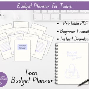 Puede incluir: Un planificador de presupuesto para adolescentes blanco con encuadernación en espiral, un bolígrafo y una pila de papeles sueltos. El planificador tiene un gráfico de bolso y el texto "Budget Planner for Teens". El texto adicional incluye "PDF imprimible", "Apto para principiantes" y "Descarga instantánea".