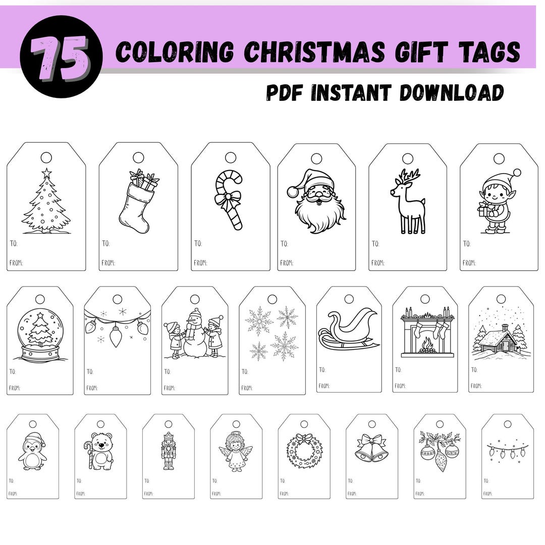 Set of 75 Printable Christmas Coloring Gift Tags in 3 Sizes, Instant ...