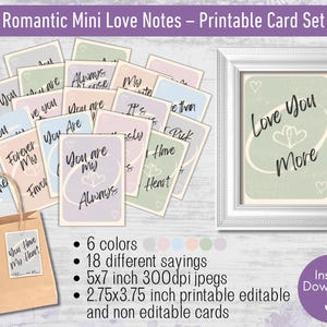 May include: A collection of pastel-colored mini love notes with various romantic phrases, alongside a framed print that says "Love You More." A brown paper bag with a tag that says "You Have My Heart" is also included. The set includes 18 different sayings.