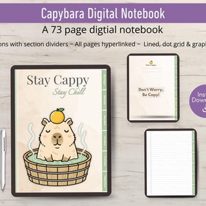 Pode incluir: Caderno digital com tema de capivara. A capa apresenta uma capivara de desenho animado em uma banheira de madeira com o texto "Stay Cappy Stay Chill". Inclui páginas pautadas, pontilhadas e gráficas. O caderno tem 73 páginas.