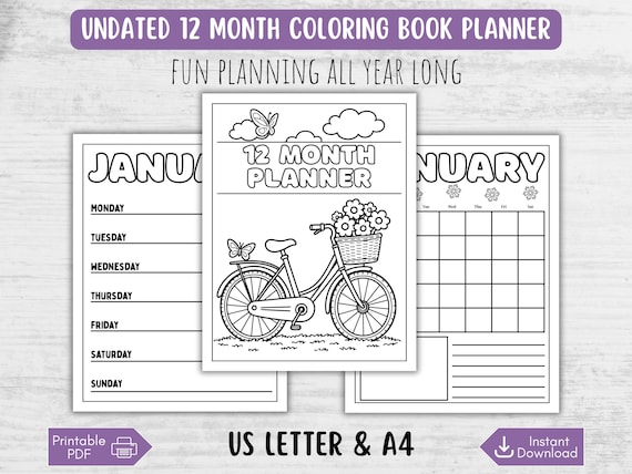 12 month Undated Coloring Book Planner. Monthly and Weekly printable Planner PDF Download. US Letter & A4 Sizes.