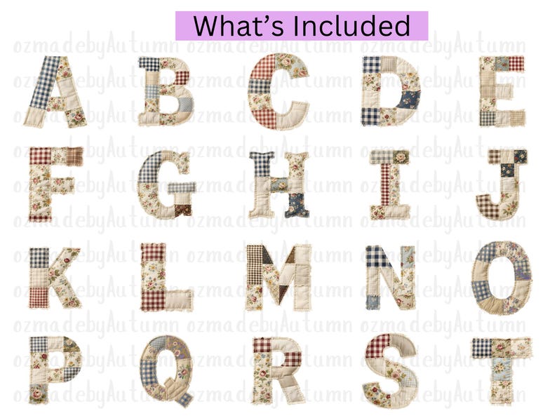 Color Letters Patchwork Patchwork Alphabet PNG Bundle, Rag Quilt Letters A-Z 0-9, Farmhouse ...