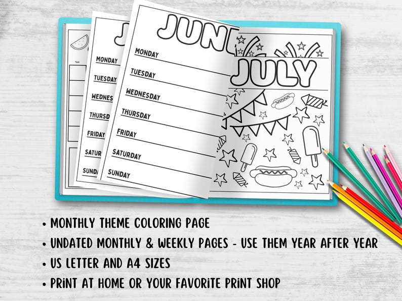 12 month Undated Coloring Book Planner. Monthly and Weekly printable Planner PDF Download. US Letter & A4 Sizes. image 2