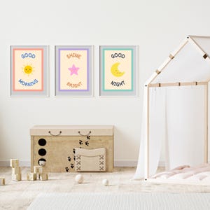 Juego de 3 láminas para habitación de bebé: Buenos días, Buenas noches y Brilla intensamente. Descarga digital A3. Arte mural con frase para habitación de bebé.