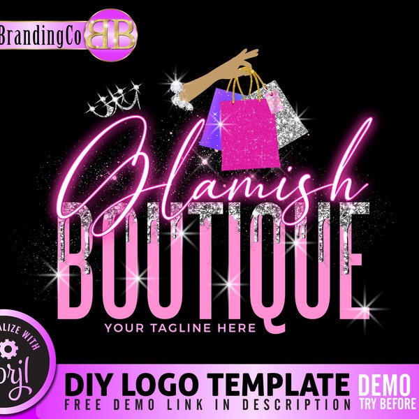 Boutique Logo, Glitter Logo, Feminine Logo, DIY  Fashion Logo, Apparel Logo, Clothing Logo, Online Store Logo, Beauty Logo, Shopping Logo,
