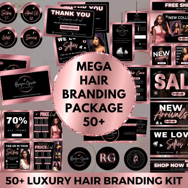Haar Branding Kit, Rose Gold Kit, DIY Branding Kit für Hair Stylist, Haarhänger und Bundle Wrap, Website Banner Kit, Haar Flyer Vorlage