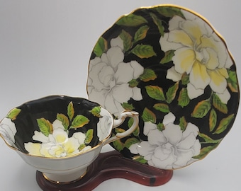 Vintage Double Warrant Paragon By Appointment To The Queen Mary White Gardenia on Black w/ Yellow Accents 97768