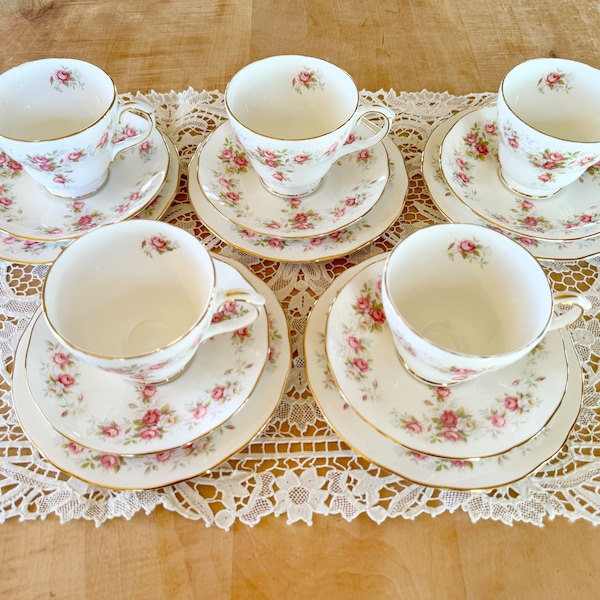 Vintage Duchess June Bouquet 981 Teacups, Saucers, and Bread and Butter Plate Set of 5