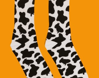 Cow Print Dog Shape Comfy Crew Socks - Cute Frenchie French Bulldog Dog Lover Mom Dad Rescue Puppy Doggy Doggo Club Huey Sox Footwear