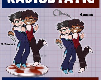 Hazbin Hotel MurderMedia Radiostatic Human Vox and Alastor Standee and keychain