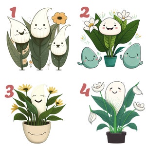 Peut inclure: Quatre illustrations de différents types de plantes avec des visages souriants. La première image montre trois fleurs blanches avec des feuilles vertes. La deuxième image montre une seule fleur blanche avec des feuilles vertes et deux visages souriants verts. La troisième image montre une fleur blanche avec des feuilles vertes et des fleurs jaunes. La quatrième image montre une fleur blanche avec des feuilles vertes.