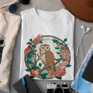 Owl and Flowers T-shirts, Forest Wildlife Tee, Nature Shirt, Cute Owl T-shirt, Floral Owl T-shirt, Botanical Owl T-shirt, Forest Bird Tee