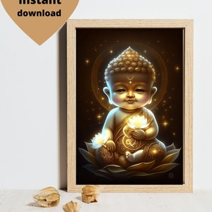 Peut inclure: Impression d'art numérique encadrée représentant un bébé Bouddha doré assis sur une fleur de lotus. L'œuvre d'art a un fond sombre avec des étoiles et un halo. Le texte "Instant download" est visible.