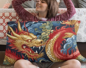 Royal Dragon Bed Pillow Sham | Asian Style Bedroom Decor | Standard and King Size Microfiber Pillow Cover | 26 x 20 and 36 x 20 Inch