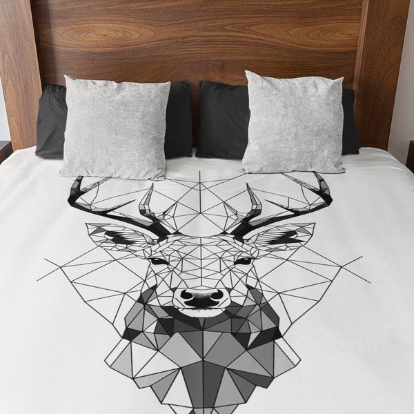 Geometrischer Hirsch Bettbezug | King- und Queen-Size-Größen | Schwarz-Weiß-Schlafzimmer-Dekor | Bequeme Polyester-Mikrofaser, versteckter Reißverschluss