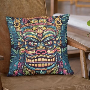 Sierkussenhoes met Polynesisch thema Tiki Face | Tropische tiki-kussensloop | Vierkante kussensloop | 4 maten: 14 x 14, 16 x 16, 18 x 18, 20 x 20