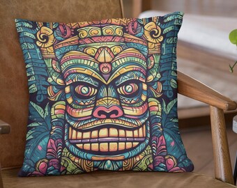 Housse de coussin à thème polynésien Tiki Face | Housse de coussin tiki tropical | Taie d'oreiller carrée | 4 tailles : 14 x 14, 16 x 16, 18 x 18, 20 x 20
