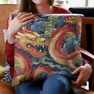 Königlicher Drache Kissenbezug | Cooler Kissenbezug im asiatischen Stil | Quadratischer Kissenbezug | 4 Größen: 14x14, 16x16, 18x18, 20x20