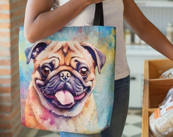 Cute Pug Tote Bag | Three Different Sizes | Reusable Shopping Bags | Dog Travel Totes | Beach Bag | Pet Book Bag