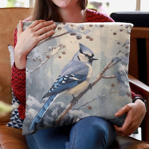 Winter Blue Jay Throw Pillow | Beautiful Blue Bird Home Decor Square Pillow | 3 Sizes: 14x14, 16x16, 18x18 inches