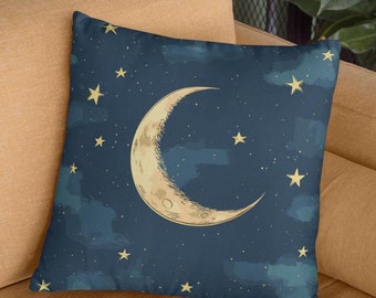 Housse de coussin bleu céleste | Housse de coussin décorative Lune et étoiles | Nouvelle taie d'oreiller carrée | 4 tailles : 14 x 14, 16 x 16, 18 x 18, 20 x 20