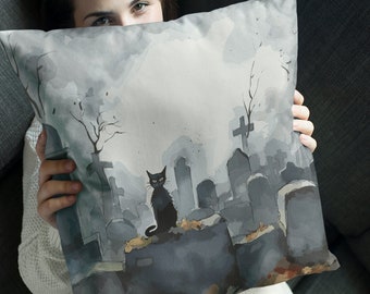 Cojín decorativo de gato negro espeluznante / Cojín cuadrado de acuarela para decoración del hogar de Halloween / 3 tamaños: 14 x 14, 16 x 16, 18 x 18 pulgadas
