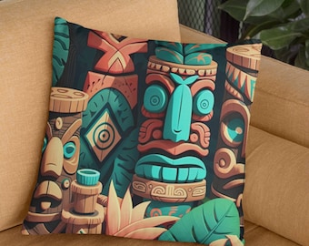 Housse de coussin décoratif pour chambre Tiki | Housse de coussin Tiki amusante | Taie d'oreiller carrée | 4 tailles : 14 x 14, 16 x 16, 18 x 18, 20 x 20