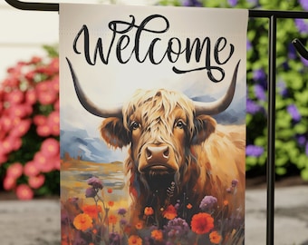 Floral Highland Cow Welcome Garden Flag | Country Cow Garden Flag | Beautiful Garden Flag | Welcome Flag | Lawn Flag | Yard Flag | 12&quot; x 18&quot;