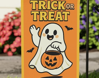かわいいトリック・オア・トリートのウェルカムフラッグ | 楽しいハロウィンガーデンフラッグ | 季節のガーデンフラッグ | ウェルカムフラッグ | 芝生フラッグ | 庭フラッグ | 12インチ x 18インチサイズ